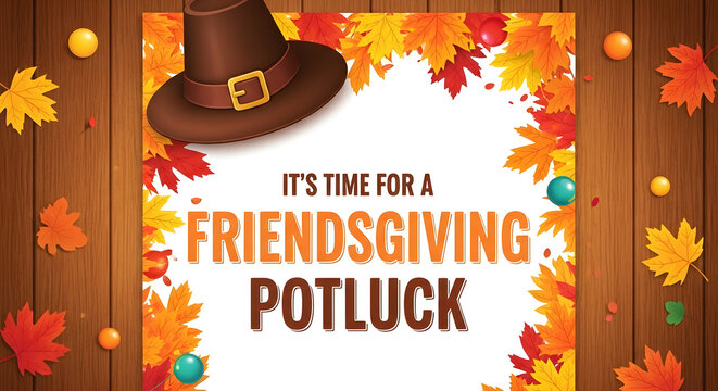 Festive friendsgiving potluck invitation card featuring autumn leaves and a pilgrim hat to celebrate a happy thanksgiving day event