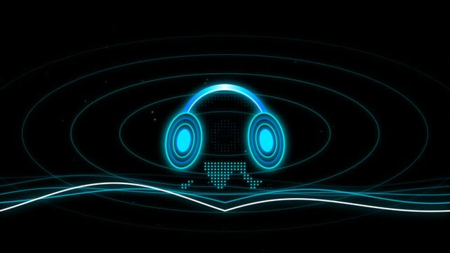Glowing Neon Blue Headphones Motion Graphic Featuring Pulsating Digital Audio Waves on Dark Backdrop