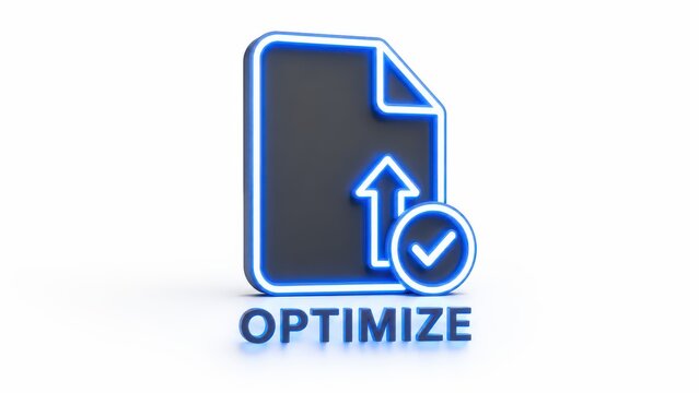 Blue document upload and check mark optimize icon isolated on white