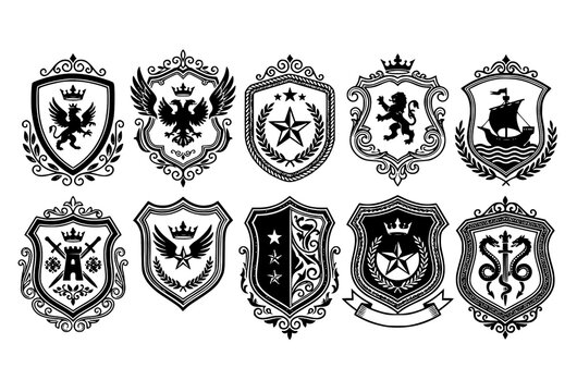 Untitled design Ornate heraldic shield emblem vector collection with crowns lions eagles stars and medieval crest designs