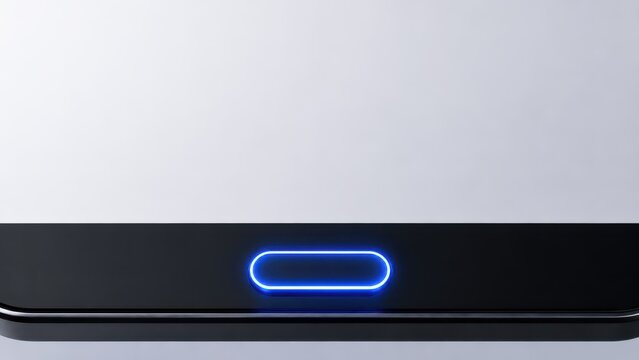 Blue glowing rounded button centered along the bottom of a dark screen