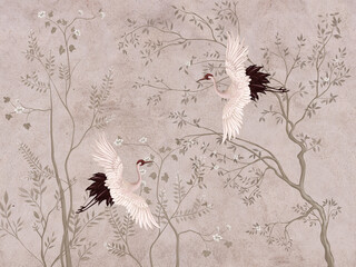 grunge floral background cranes in the garden, wallpaper, fresco, mural, trees, garden, forest watercolor © ARtfoli