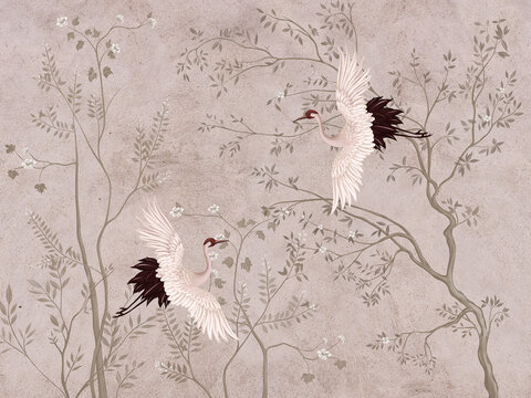 grunge floral background cranes in the garden, wallpaper, fresco, mural, trees, garden, forest watercolor