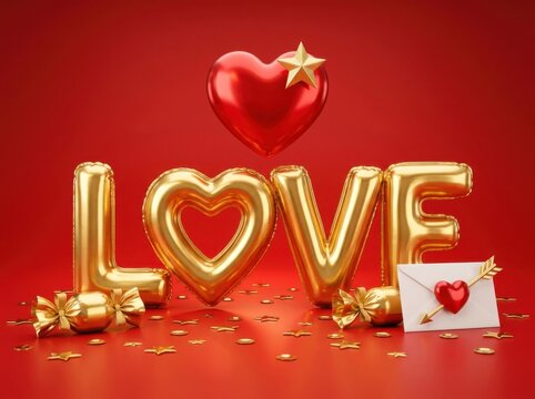 Golden balloon letters spelling love with a red heart, star, and envelope on a red background