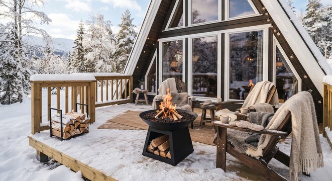 Cozy modern A frame cabin terrace with burning fire pit bowl and wooden chairs in winter forest