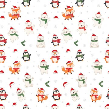 Cute winter seamless pattern with cartoon polar bears foxes and penguins in santa hats