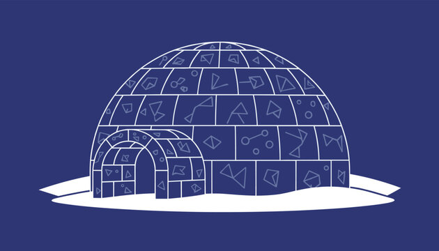 Blue and white igloo structure with geometric constellations mapped onto the ice blocks against a dark blue background.