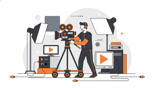 Professional film set showing a cameraman behind a video camera on a tripod with lighting equipment and monitors for video production.