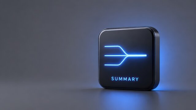 Dark square summary button with a blue glowing convergence icon