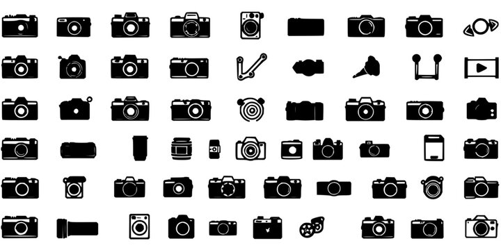 Collection of 24 black and white camera and photography-related icons arranged in a 6x4 grid on a white background. Each icon is a simple, flat vector illustration with a minimalist design, featuri...