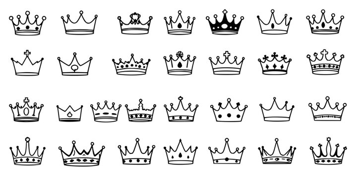 Crown set with 24 unique crown designs in a 4x6 grid, minimalist black and white line art featuring decorative edges, varying detail, elegant outlines with bold contrasts and regal motifs
