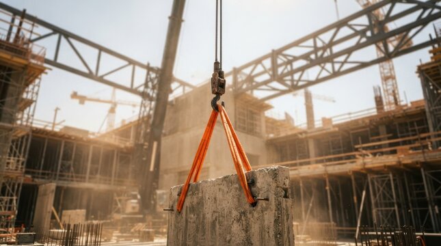 crane cable lifting a modular wall panel with orange slings and steel trusses on a construction site