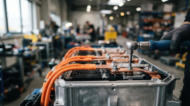 Assembly station with copper busbars, cooling plate, torque driver, high voltage cables, and aluminum casing.