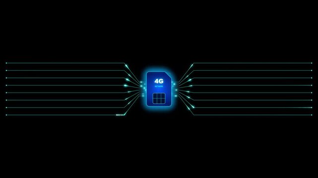 4G SIM Card and Glowing Data Network Circuit Background - Motion Graphic