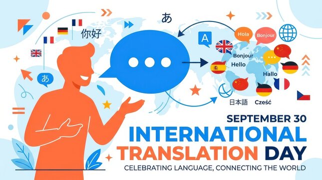 International translation day illustration with speech bubble and flags