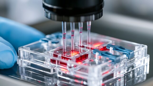 A high precision scientific device with multiple pipettes dispensing red liquid into transparent wells under controlled laboratory conditions