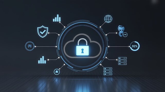 Cloud computing security and data protection concept with a glowing lock symbol inside a circle, surrounded by digital icons representing data analysis, global connectivity, and server infrastructure