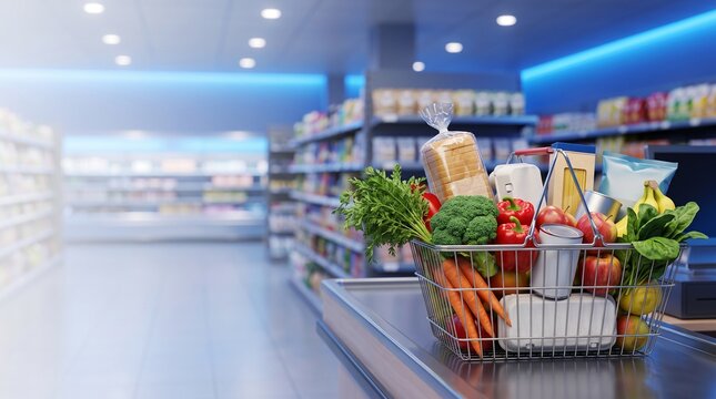 Grocery shopping basket filled with fresh produce and packaged goods on a supermarket checkout counter