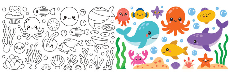 Obraz premium Cute Underwater Sea Life Collection with Whales, Octopus, Fish, Jellyfish, Coral, Starfish and Colorful Marine Animals