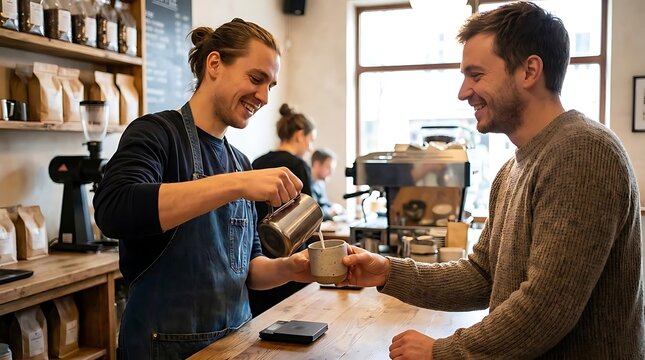 Barista serving coffee to a male customer in cafe.