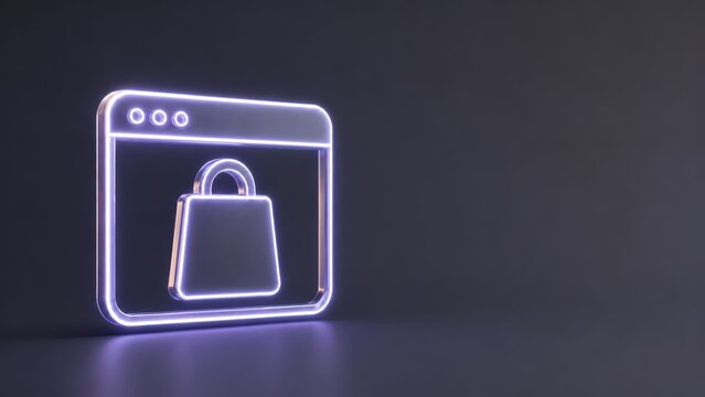 Purple glowing browser window with a shopping bag icon