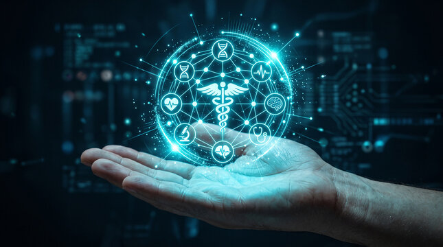 Human hand holding glowing blue medical holographic interface with diverse healthcare icons representing modern digital innovation and future medicine technology concepts