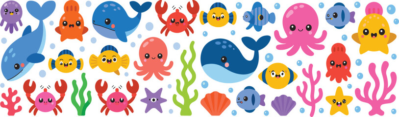 Naklejka premium Cute Underwater Sea Life Collection with Whales, Octopus, Crabs, Fish, Jellyfish, Starfish, Coral and Colorful Marine Animals