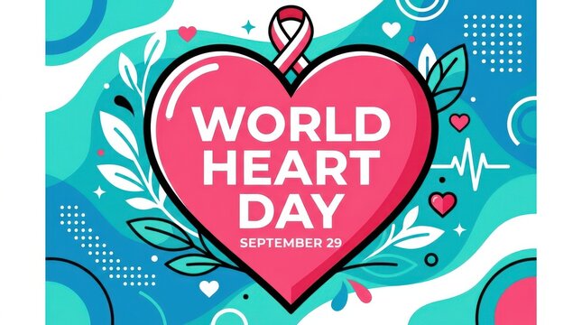World heart day illustration with pink heart and ribbon