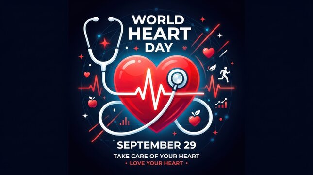 World heart day illustration with stethoscope and healthy lifestyle icons