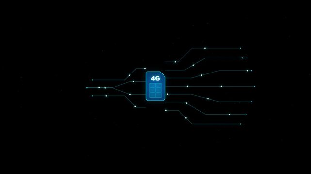 4G SIM Card Connected with Digital Data Stream and Circuit Lines - Motion Graphic