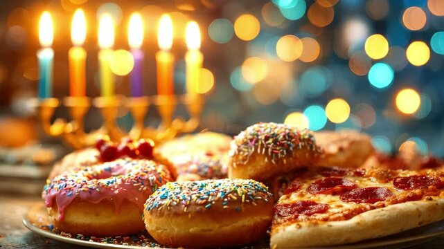 Delicious traditional glazed donuts and pizza slices on a wooden table against the backdrop of lit menorah candles. A concept for a family celebration and delicious treats for the holiday of Hanukkah