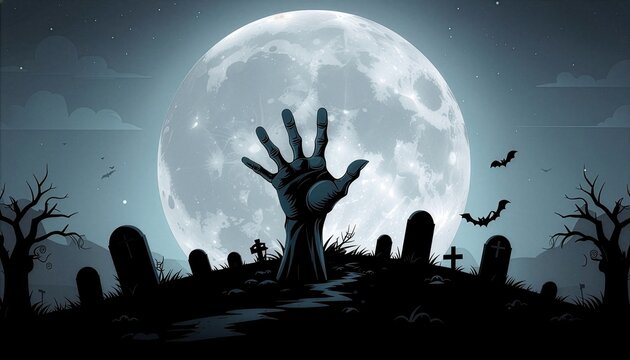 Eerie Halloween background featuring a decayed zombie hand emerging from a graveyard dirt mound under a giant glowing full moon with flying bats and spooky dead trees.