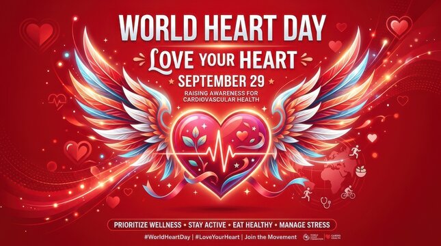 World heart day poster with glowing heart and wings design