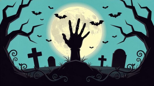 Spooky Halloween vector background featuring a zombie hand reaching out from a graveyard at night under a detailed full moon, surrounded by flying bats and gnarled bare trees