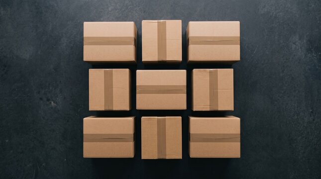 Nine cardboard boxes neatly arranged in a 3x3 grid on a dark textured surface, top down view