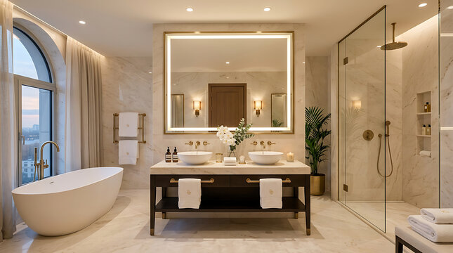 A luxurious master bathroom features a freestanding bathtub, dual vanity, and a spacious walk-in shower.