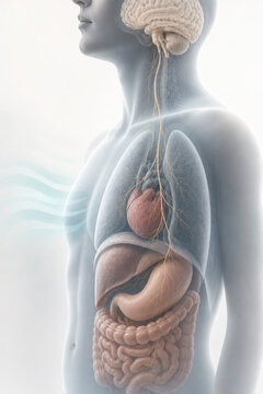 Somatic human anatomy shows brain heart lungs liver stomach and intestines with nervous system in side view of torso