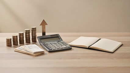 Obraz premium Financial growth concept with stacks of coins, an upward pointing arrow, a calculator, and an open notebook on a light wooden desk surface background.