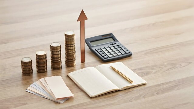 Financial growth concept with stacks of coins, an upward pointing arrow, a calculator, a pen, and an open notebook on a light wooden desk surface.