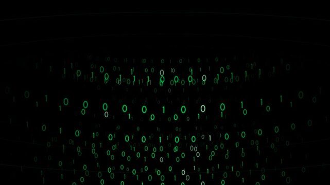 Glowing green binary code numbers zero and one scrolling across a dark technological background