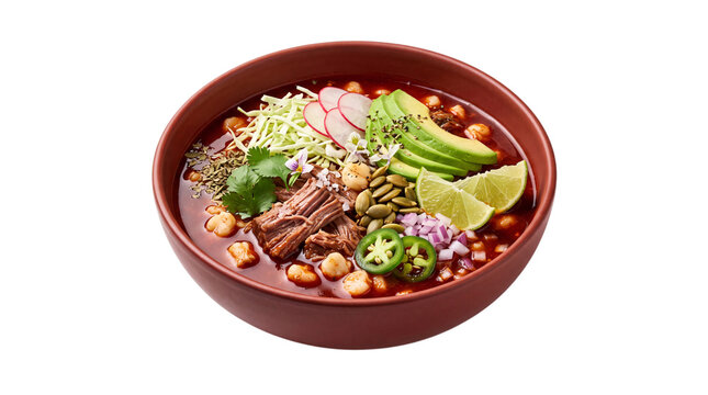 Hearty pozole rojo soup with shredded png on isolated transparent background