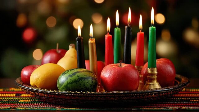 A festive still life with colorful candles, pomegranates, and fruit on a vibrant woven rug in honor of Kwanzaa. The concept of African cultural traditions, family rituals, ethnic holidays