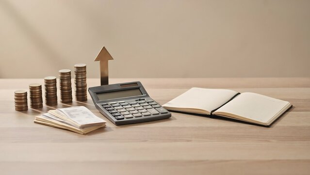 Financial growth concept with stacks of coins, an upward pointing arrow, a calculator, and an open notebook on a light wooden desk surface background.