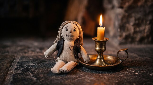 creepy handmade linen doll sitting next to a burning brass candle in a stone cellar