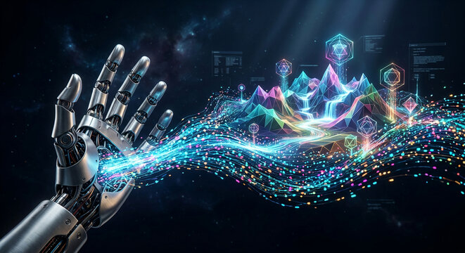 Abstract Fiber Optic Light Background with Glowing Light Spots, Futuristic Digital Energy Waves, Fractal Motion, Psychedelic Swirls and Creative Technology Visualization