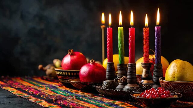 A festive still life with colorful candles, pomegranates, and fruit on a vibrant woven rug in honor of Kwanzaa. The concept of African cultural traditions, family rituals, ethnic holidays