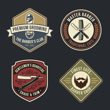 A collection of classic barber shop badges and logos showcasing traditional grooming elements that represent premium barbering services with a vintage touch and style.