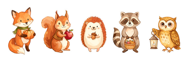 Fototapeta premium Cute watercolor forest animals celebrating autumn harvest season
