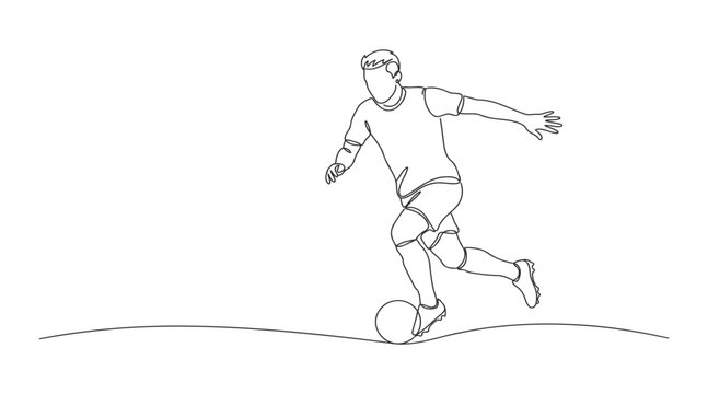 Soccer player dribbling a football in line art vector illustration with continuous line football dribbling