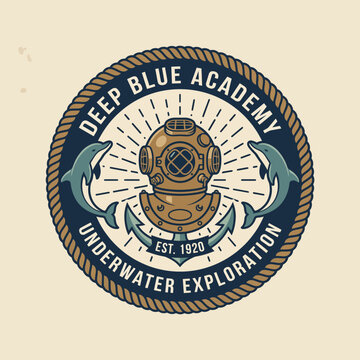 A vintage-inspired logo featuring a classic diving helmet, dolphins, and anchors, representing an academy focused on underwater exploration and marine education.